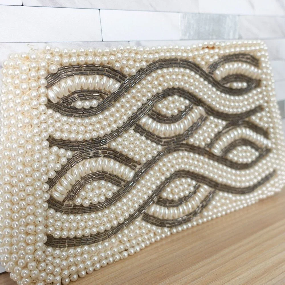 VINTAGE Boho Pearl Beaded Evening Clutch Bag Cream Art Deco Empress 70s Handmade